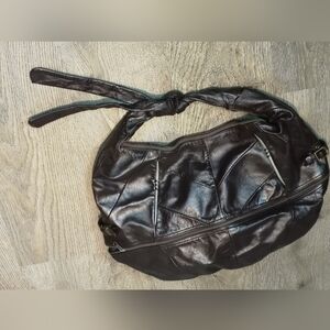 Patchwork Leather Croissant Bag with Knot Detail in Colour Bordeaux